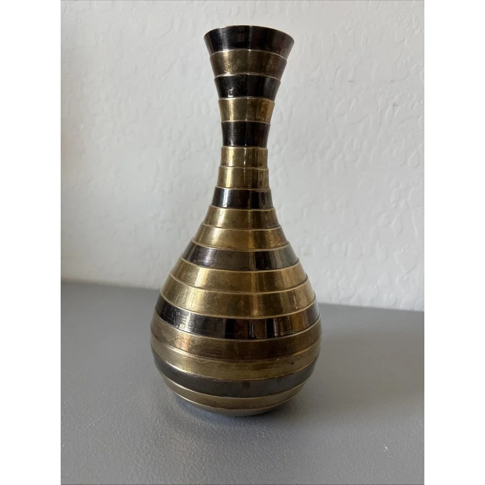 Vintage MCM Brass Copper Striped Vase 9
